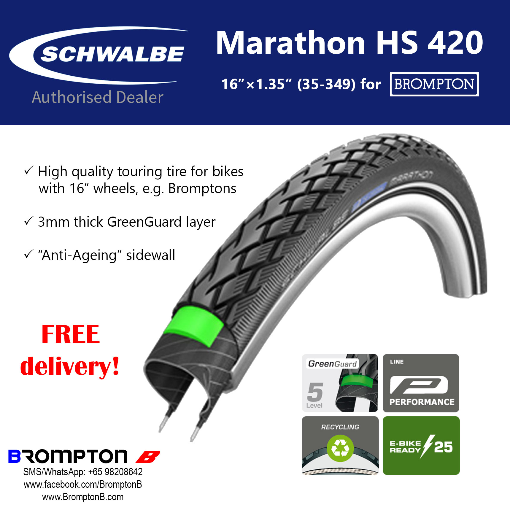 Schwalbe Green Marathon HS 620 35-349 Tyre for Brompton