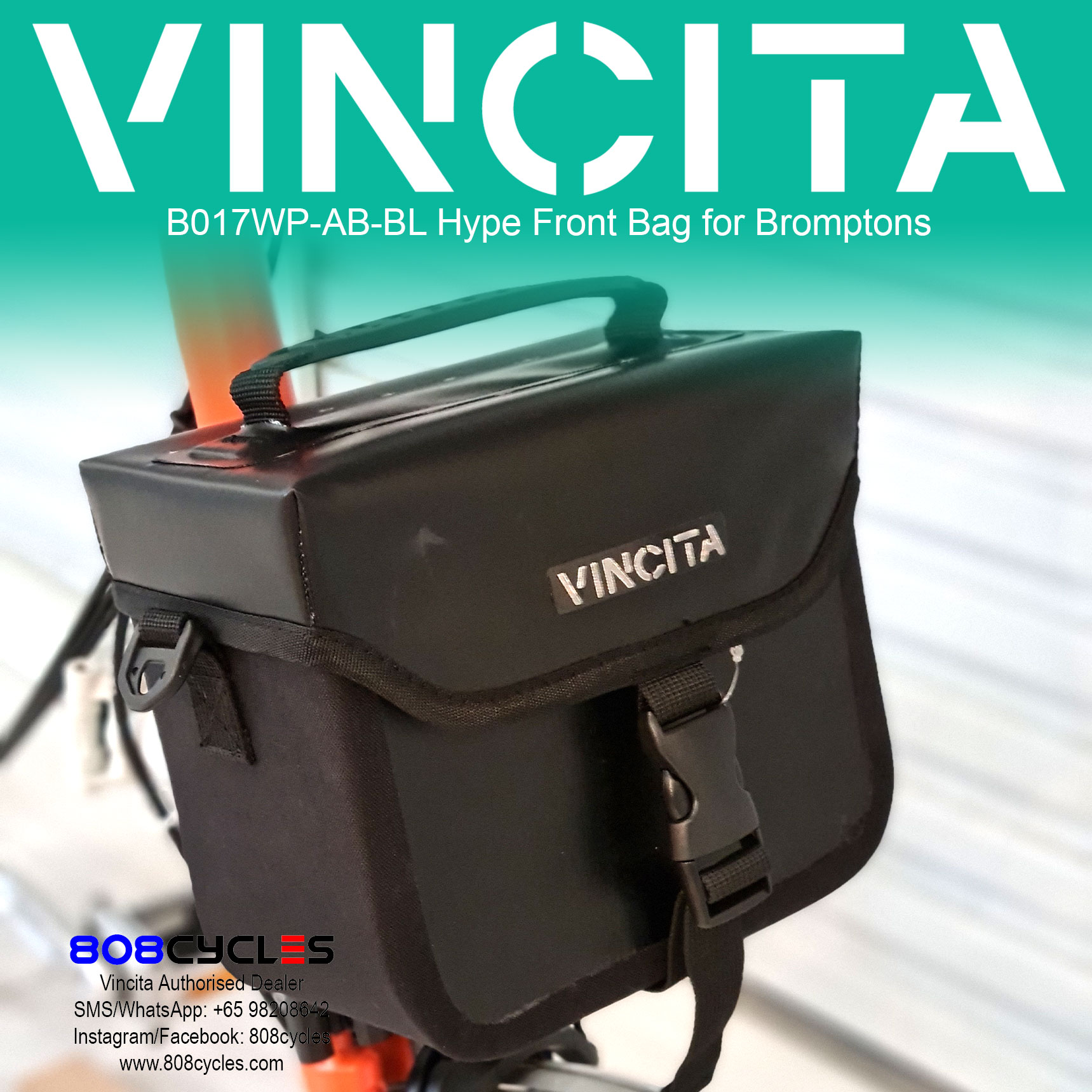 Vincita B017WP Hype Waterproof Mini Front Bag for Brompton – Black