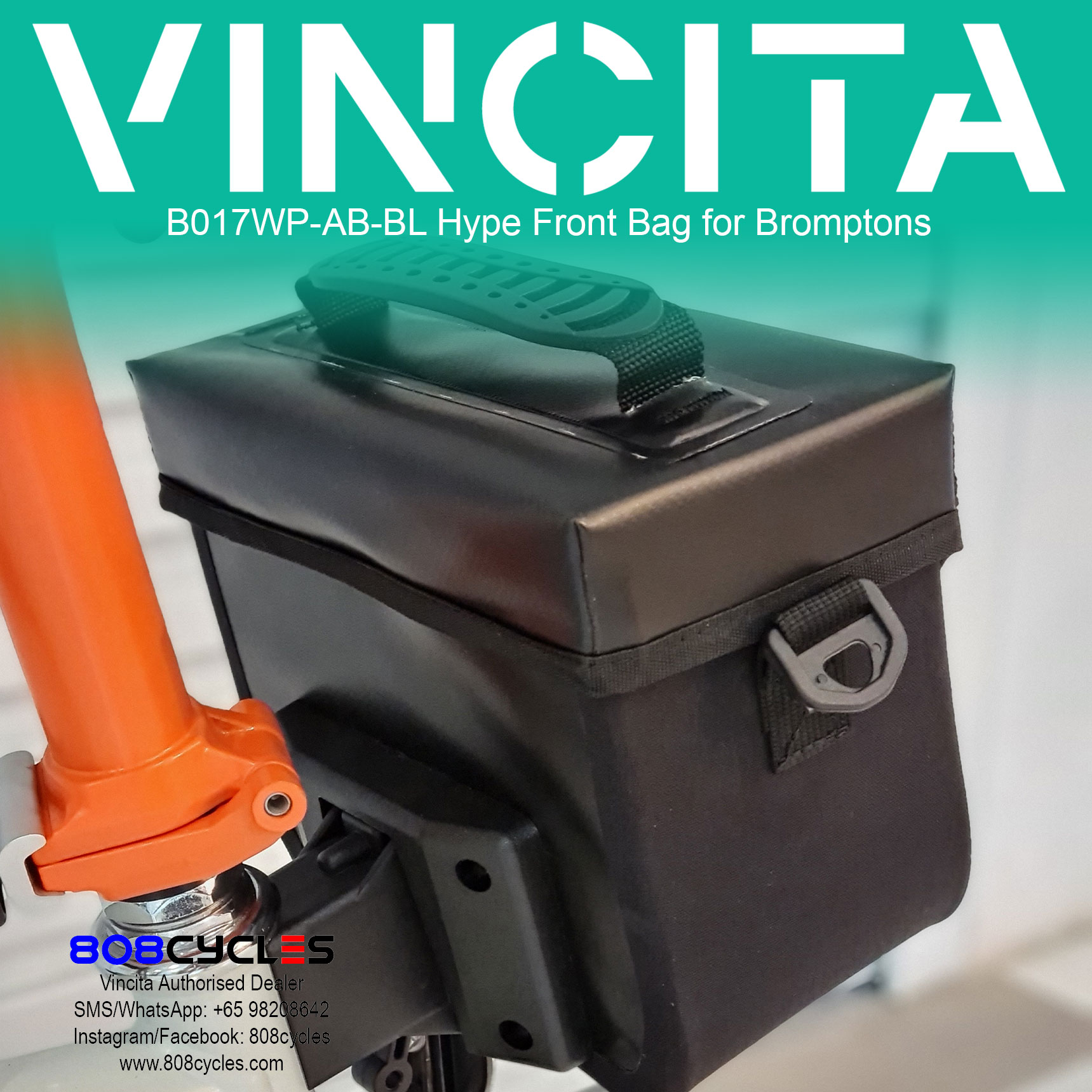 Vincita B017WP Hype Waterproof Mini Front Bag for Brompton – Black - Image 3