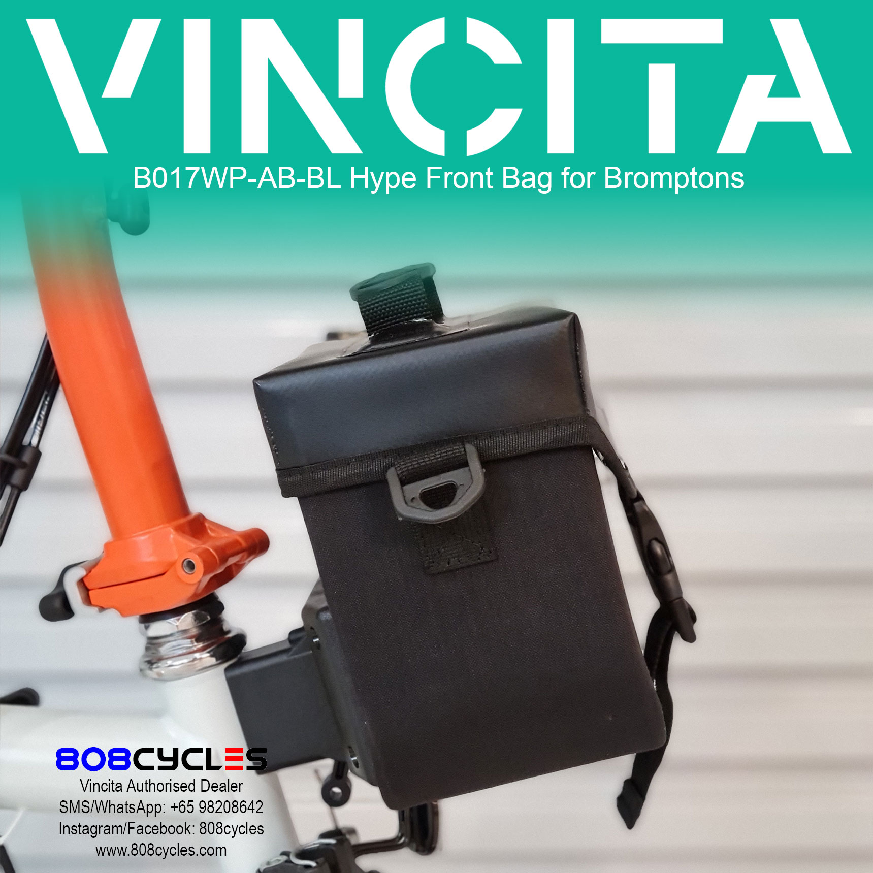 Vincita B017WP Hype Waterproof Mini Front Bag for Brompton – Black - Image 4