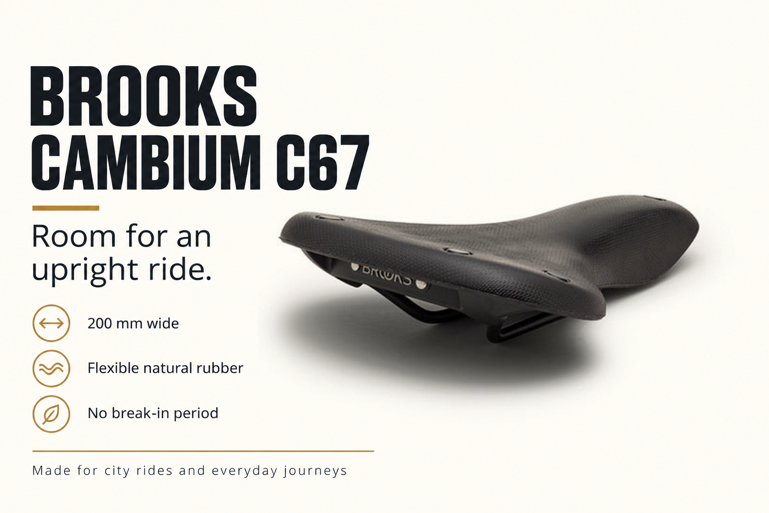 Brooks Cambium C67 black saddle showing its 200 mm width, flexible rubber construction and upright-riding design