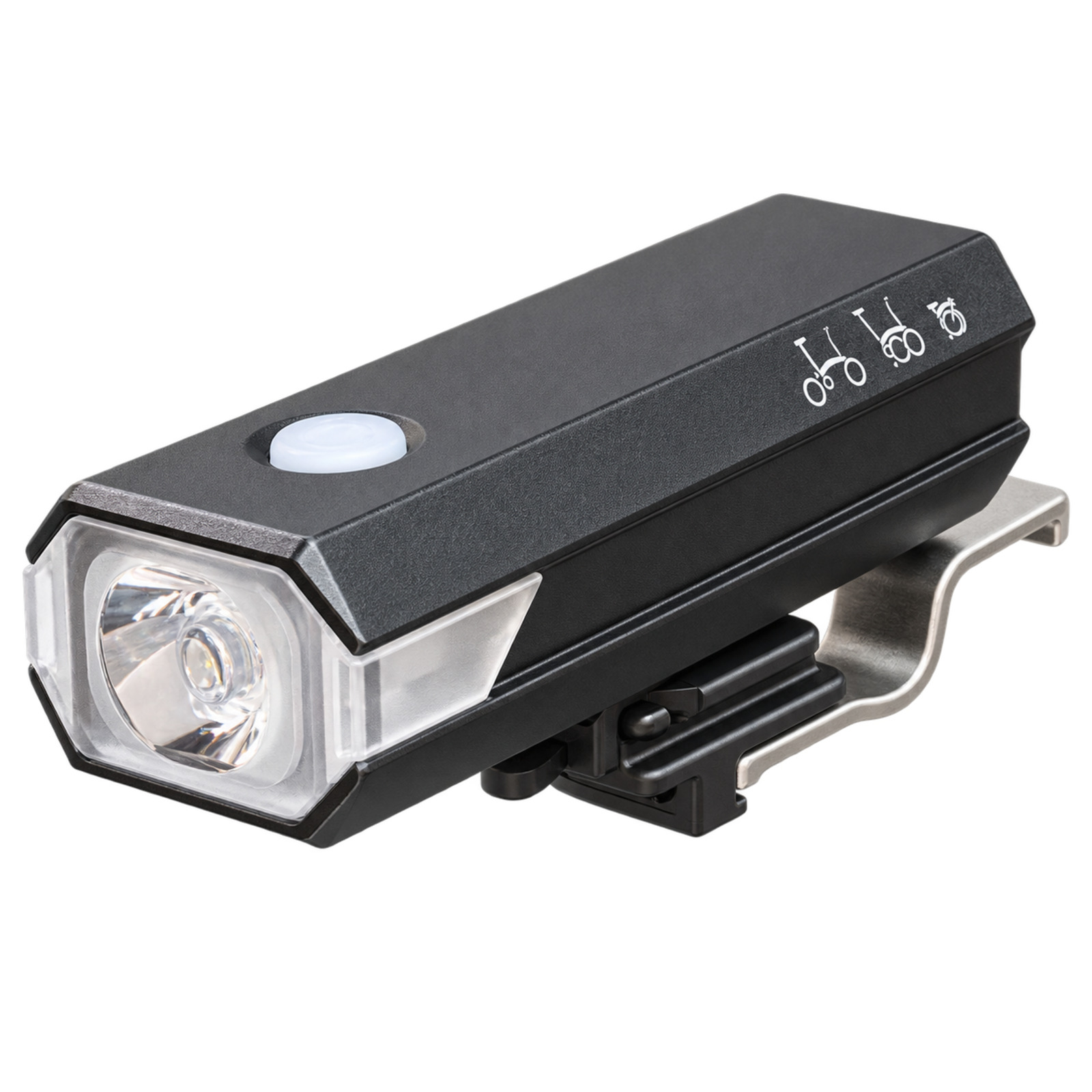 Brompton 500-lumen rechargeable front bicycle light with mounting bracket on white background