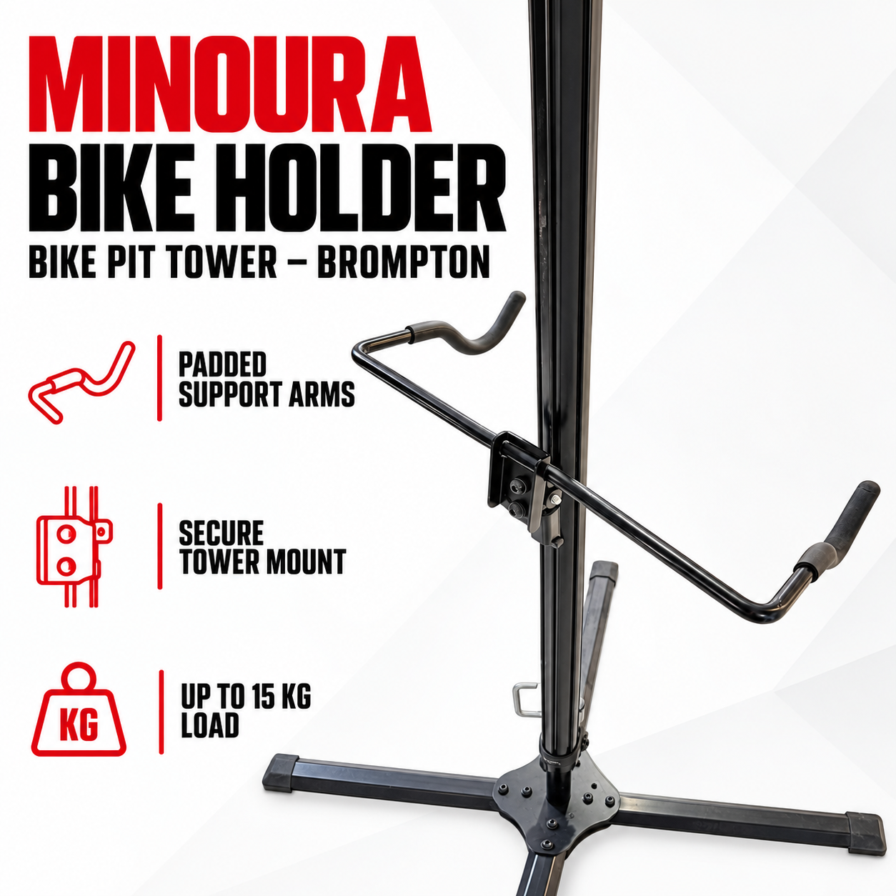 Minoura Bike Holder installed on Brompton Bike Pit Tower with feature callouts