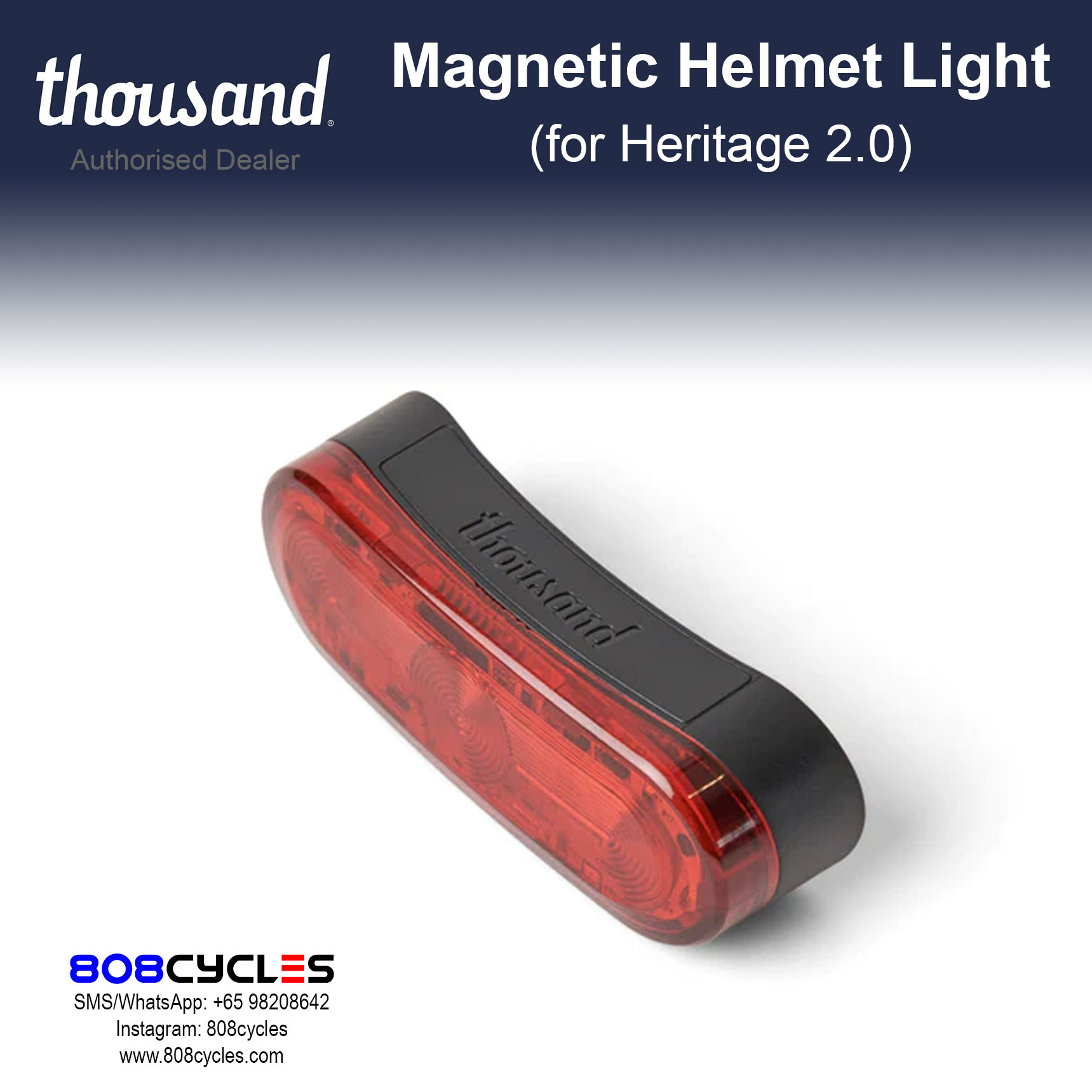 Angled product view of the Thousand Magnetic Helmet Light in Stealth Black with a red rear lens
