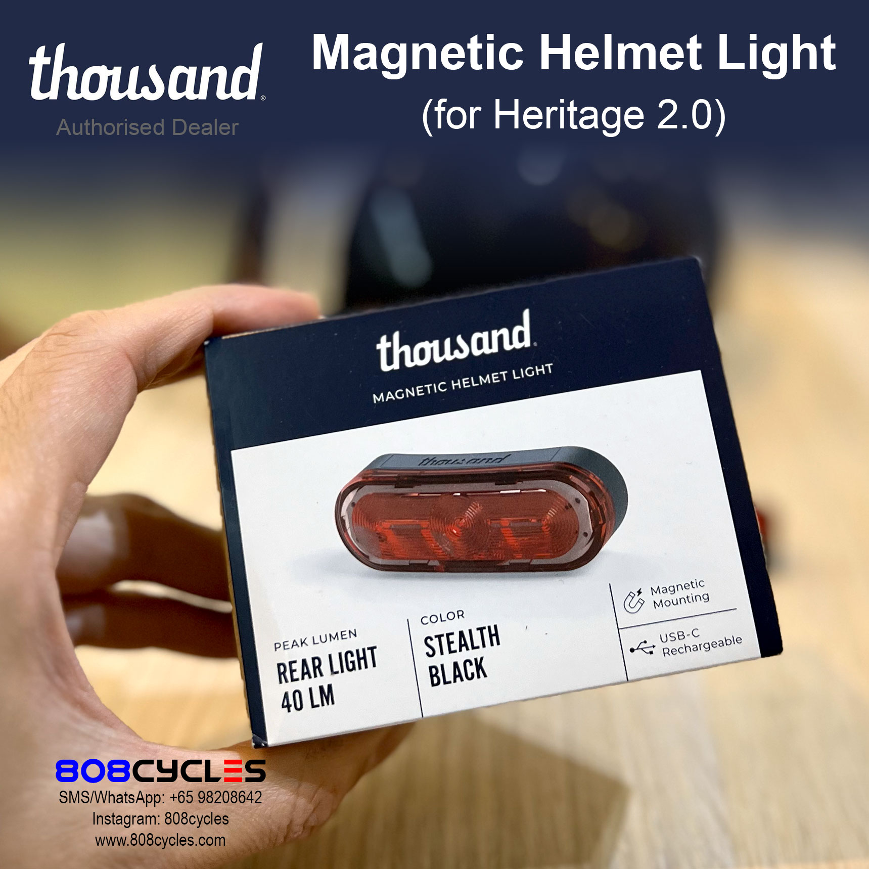 Front of the Thousand Magnetic Helmet Light box showing the 40-lumen Stealth Black USB-C light