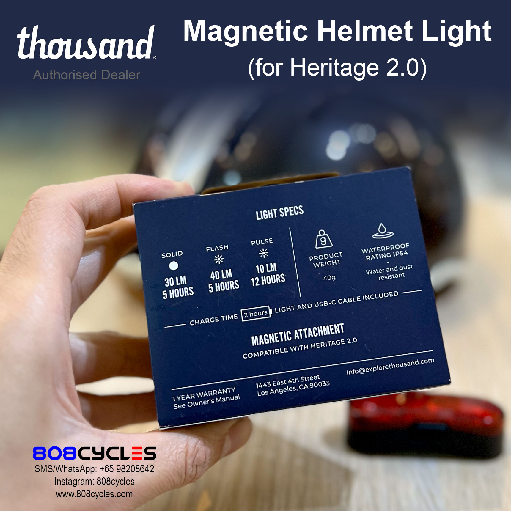 Back of the Thousand Magnetic Helmet Light box showing light modes, runtimes, charging time and IP54 rating