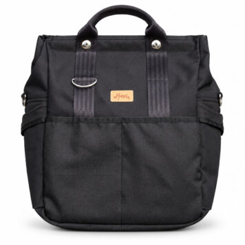 La Jefa & Sons SPORTY Black canvas tote bag, front view with twin handles and front pocket, isolated on white