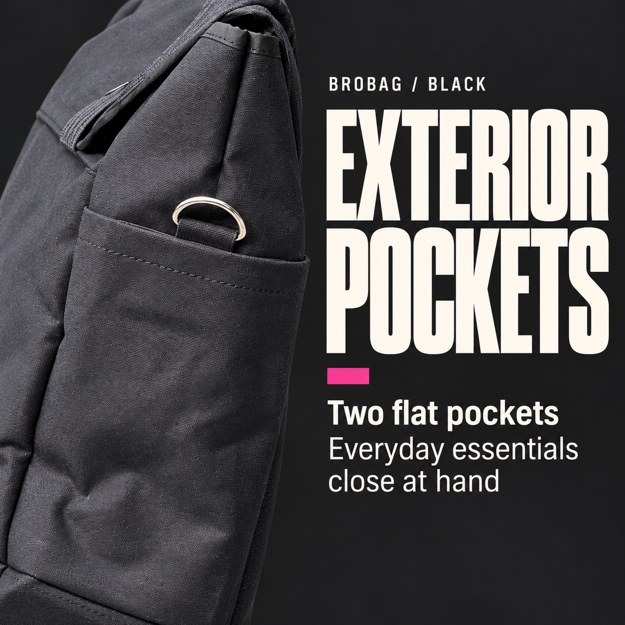 BROBAG Black feature graphic showing a canvas side pocket and two flat exterior pockets for everyday essentials