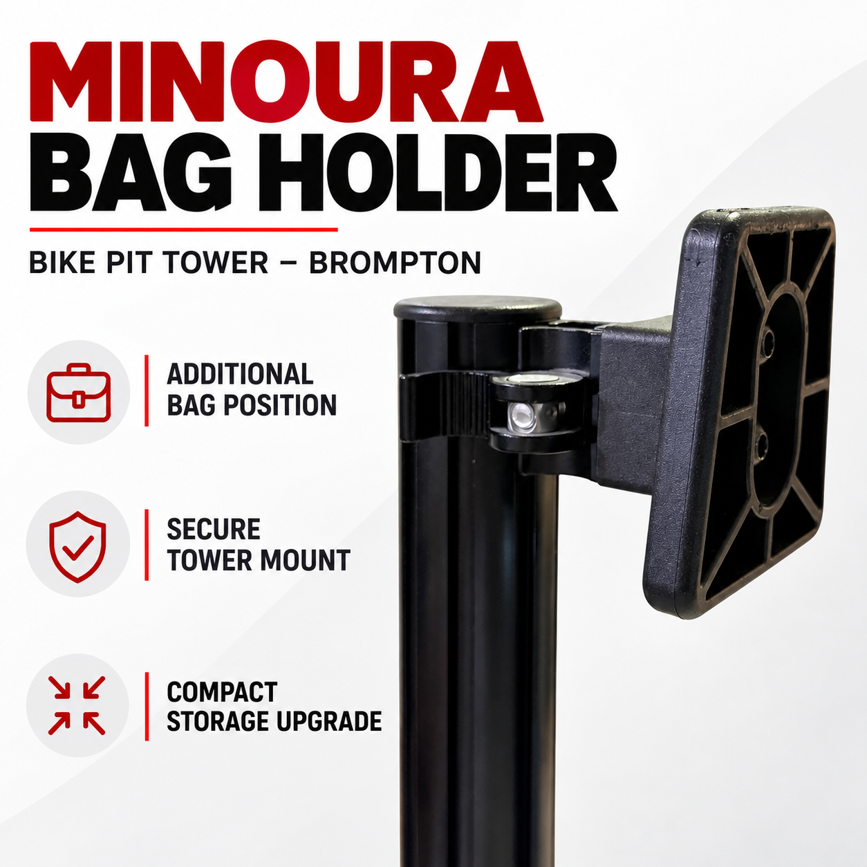 Minoura bag holder mounted on a Brompton Bike Pit Tower upright