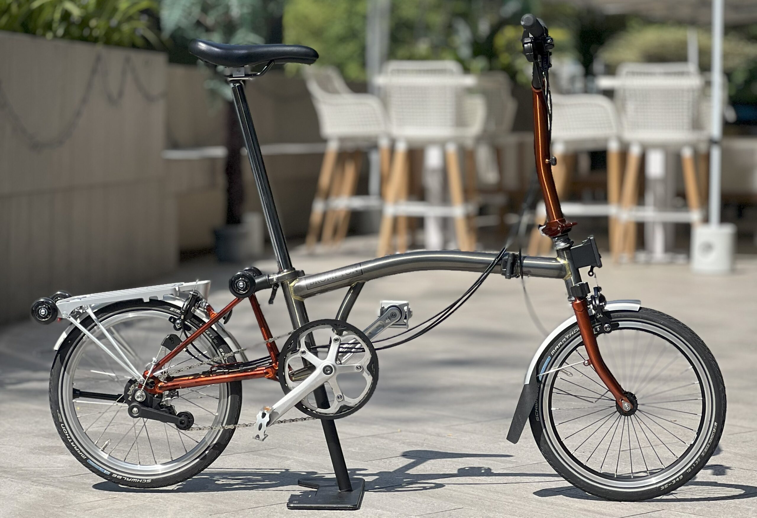 Brompton C Line M6R Raw and Flame Lacquer rental bike