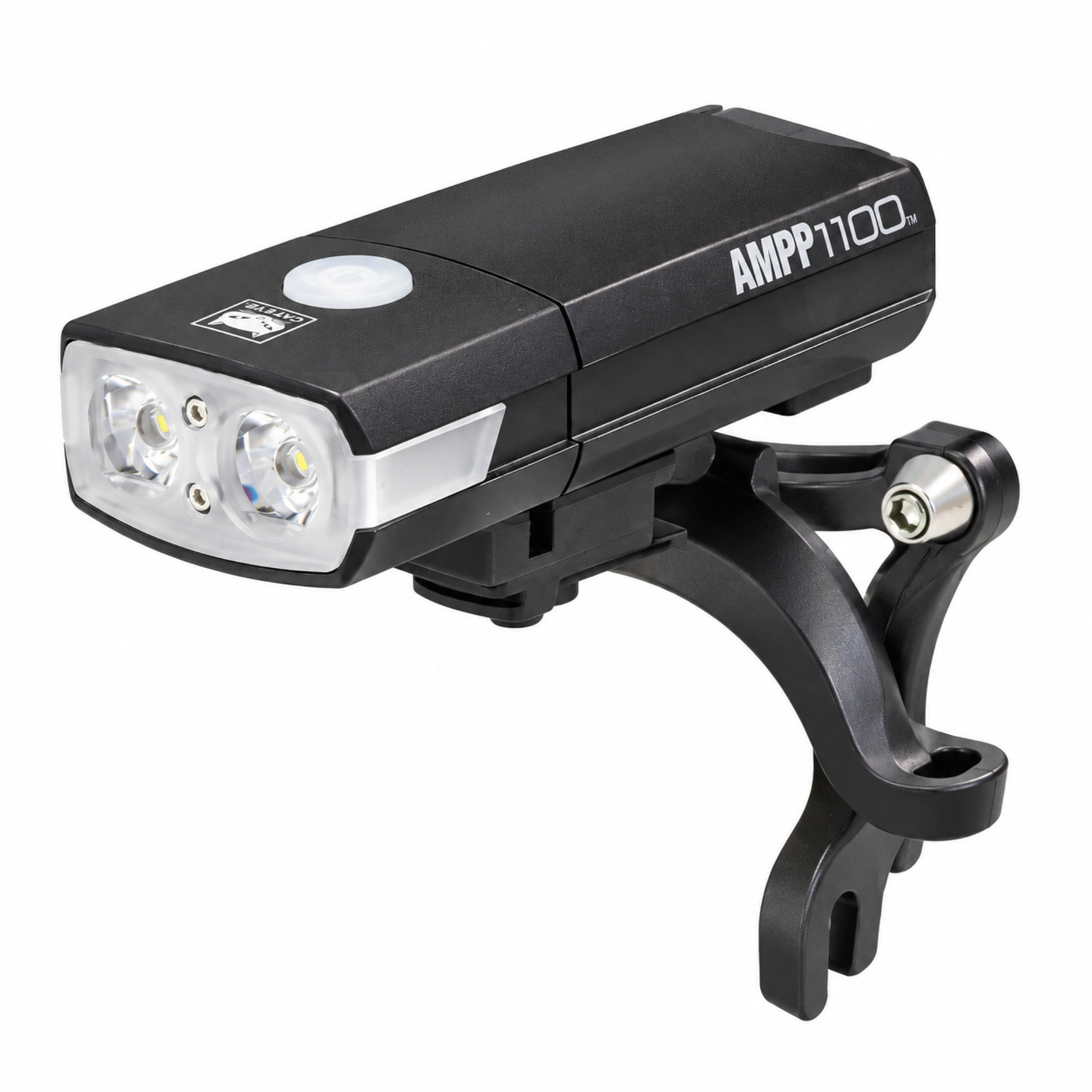 Cateye AMPP1100 front bicycle light with Brompton mounting bracket on white background