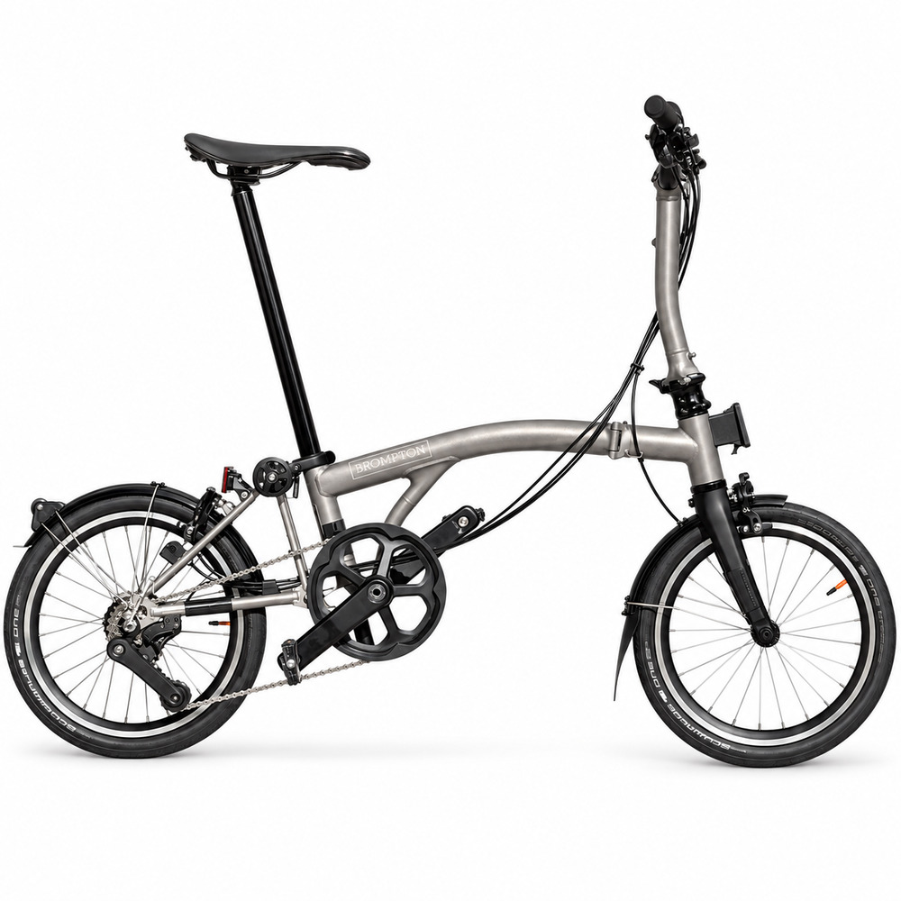 2026 Brompton T Line M12L 12-speed Blasted Titanium on white background