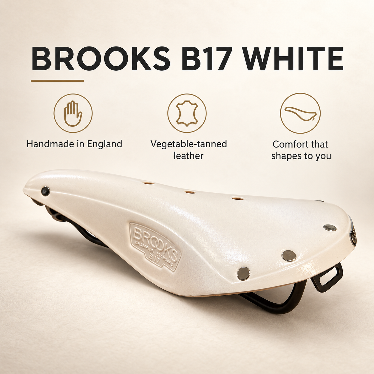 Brooks B17 White leather saddle with handmade, leather and comfort feature highlights