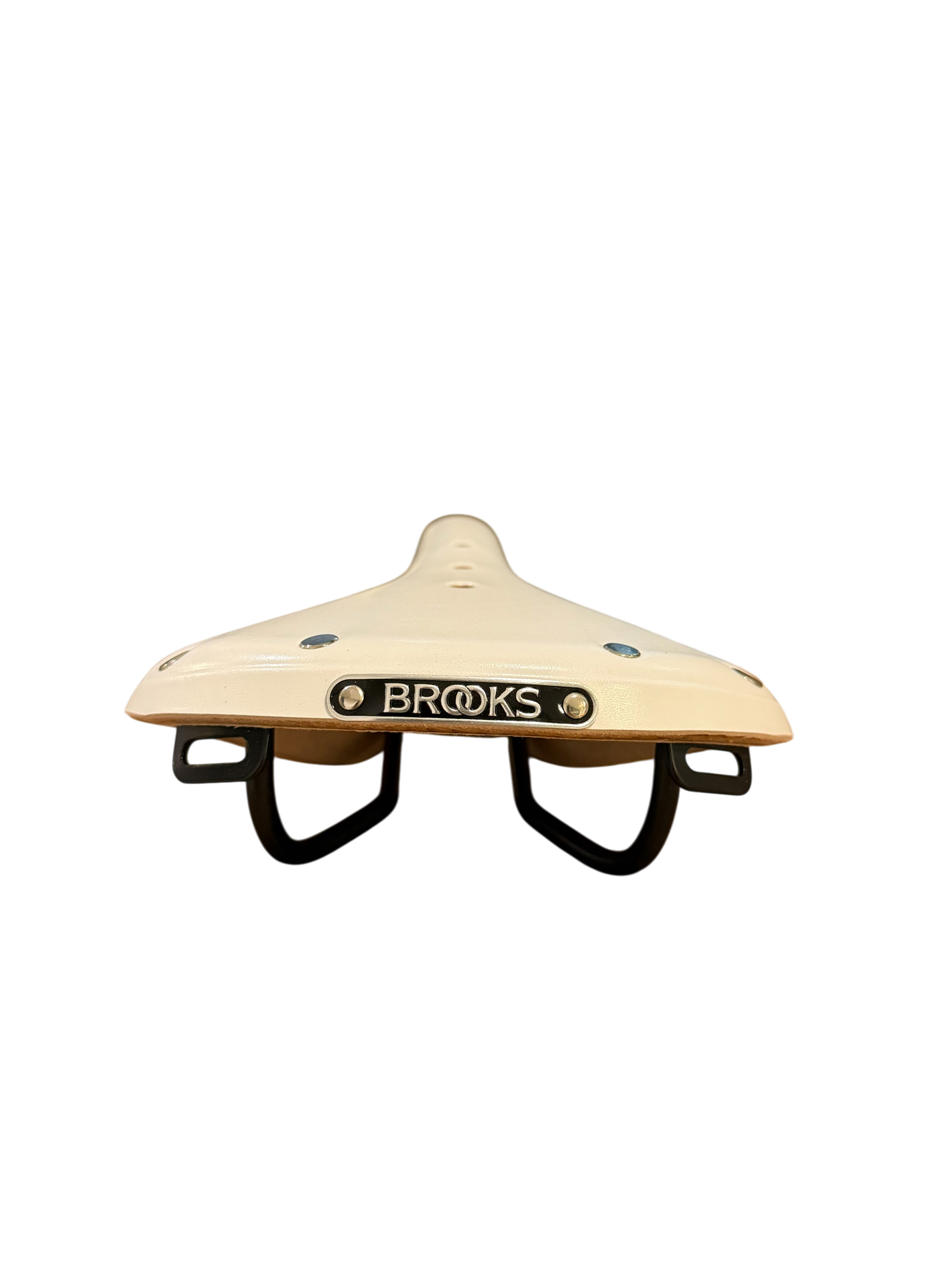Rear view of Brooks B17 White leather saddle with badge and saddle loops