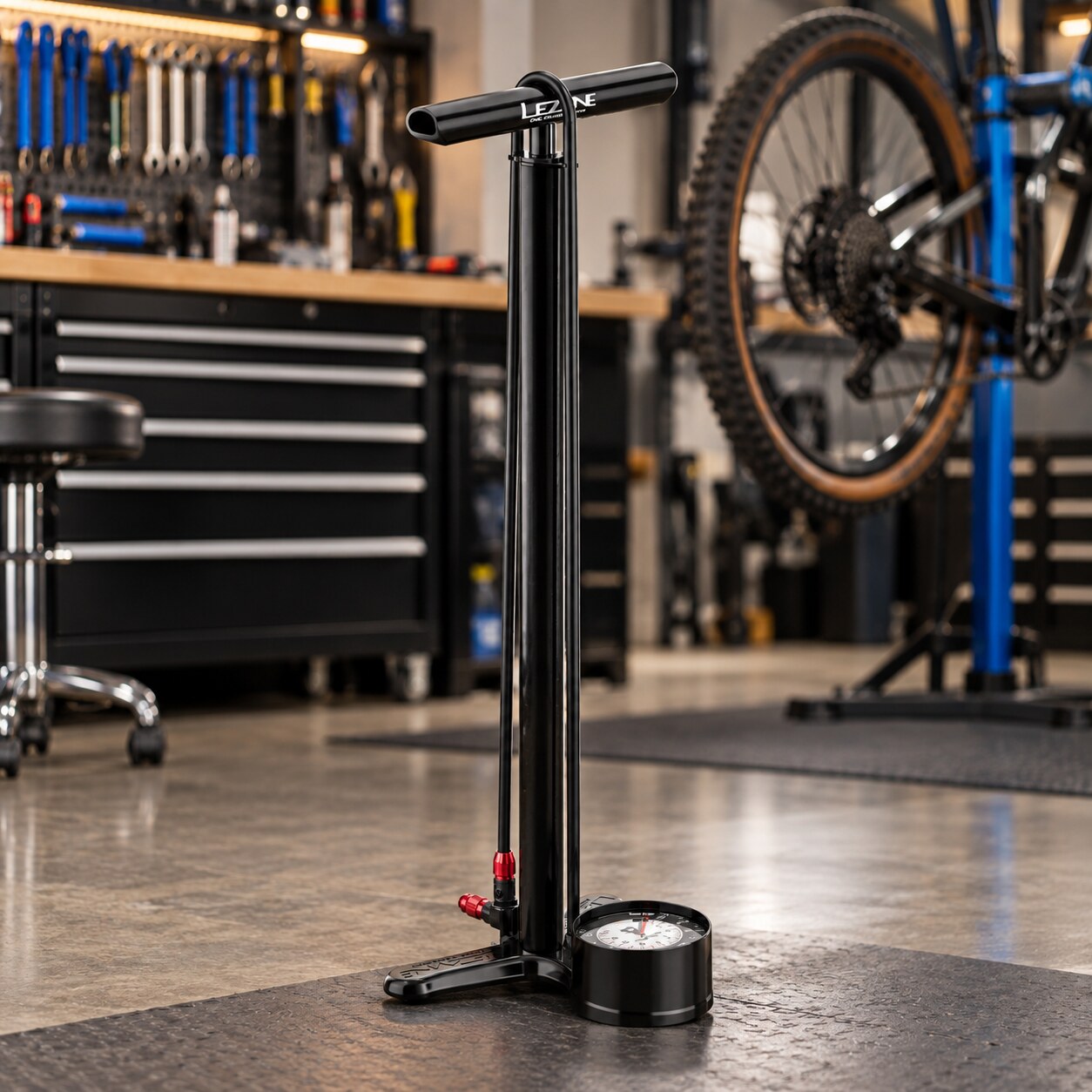 Lezyne CNC Floor Drive floor pump in a professional bicycle workshop