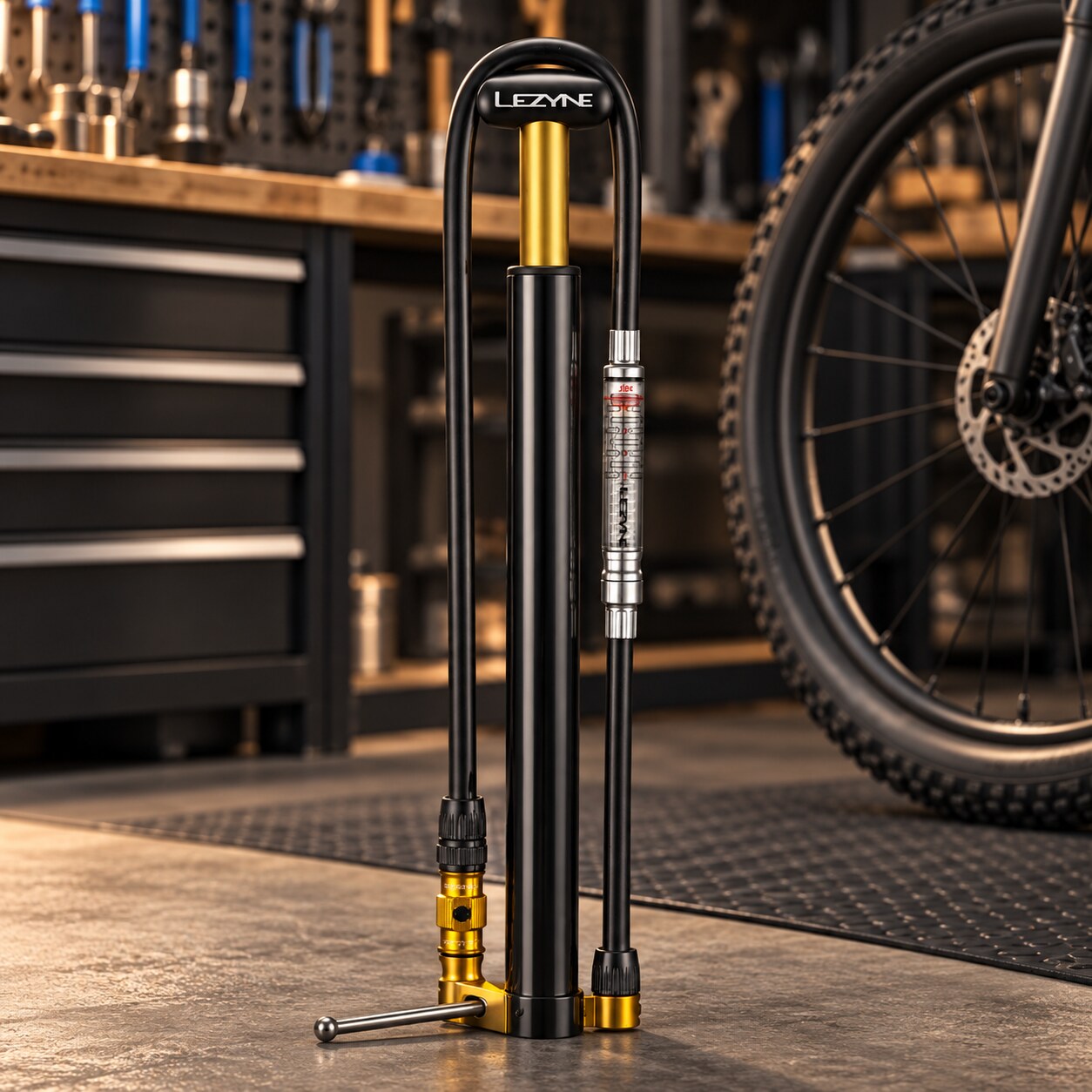 Lezyne Micro Floor Drive HPG Black pump in a bicycle workshop