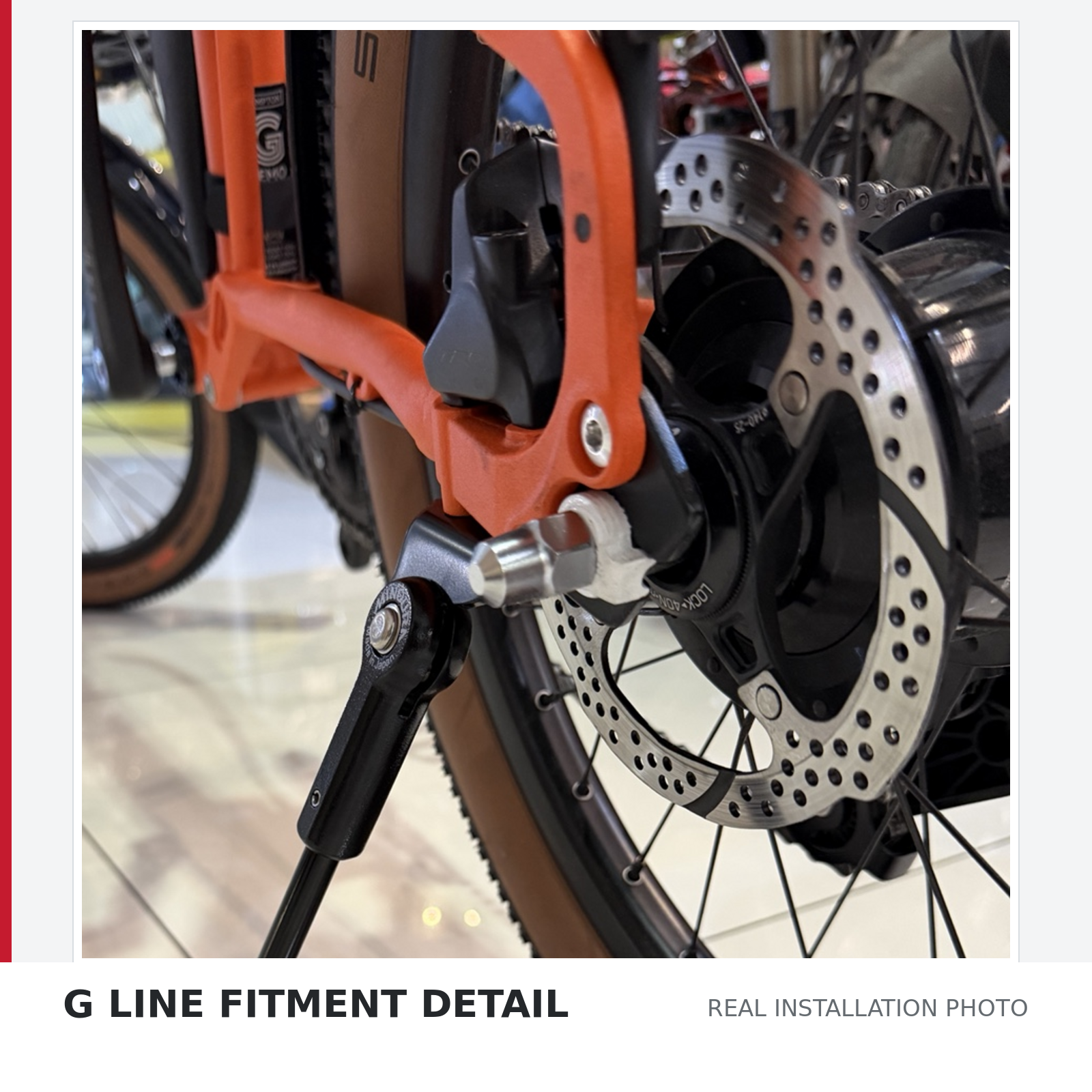 Close-up of Minoura SL-MV5G kickstand fitment on a Brompton G Line