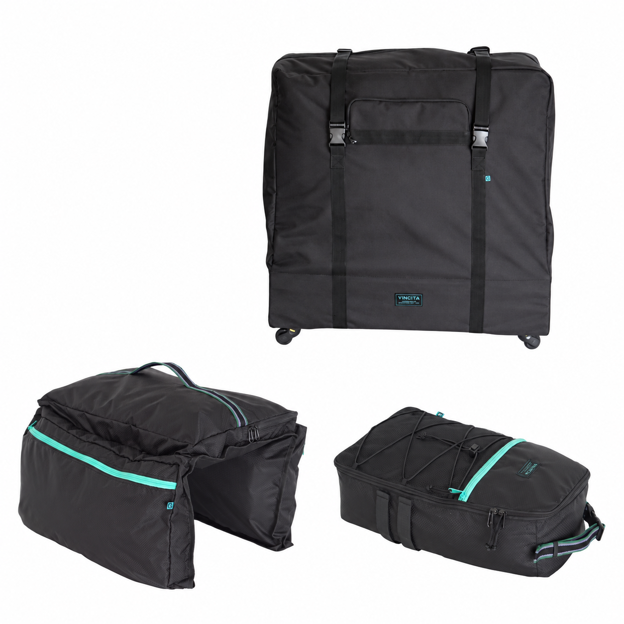 Black Vincita Sightseer travel set for Brompton G Line with travel bag, garment bag and utility pouch on white.
