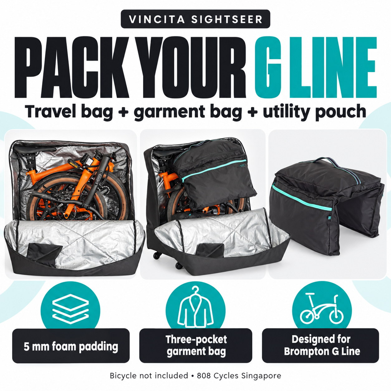 Vincita Sightseer G Line packing graphic showing a folded bicycle inside the travel bag and the three-pocket garment bag.