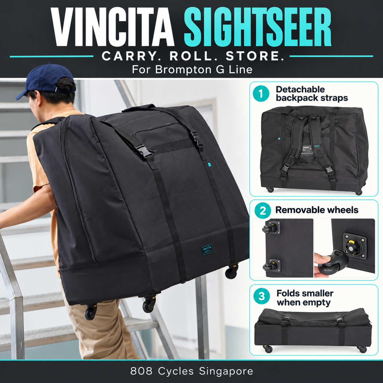 Vincita Sightseer G Line carrying graphic showing backpack straps, removable wheels and the bag folded for storage.