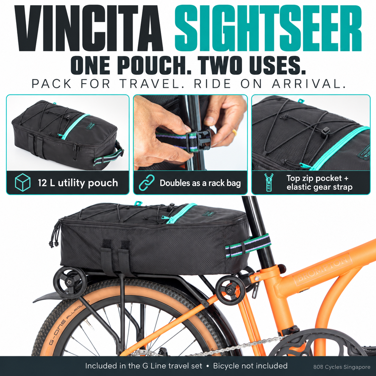 Vincita Sightseer G Line utility pouch graphic showing the 12 L pouch, fastening strap and rear-rack use on an orange bicycle.