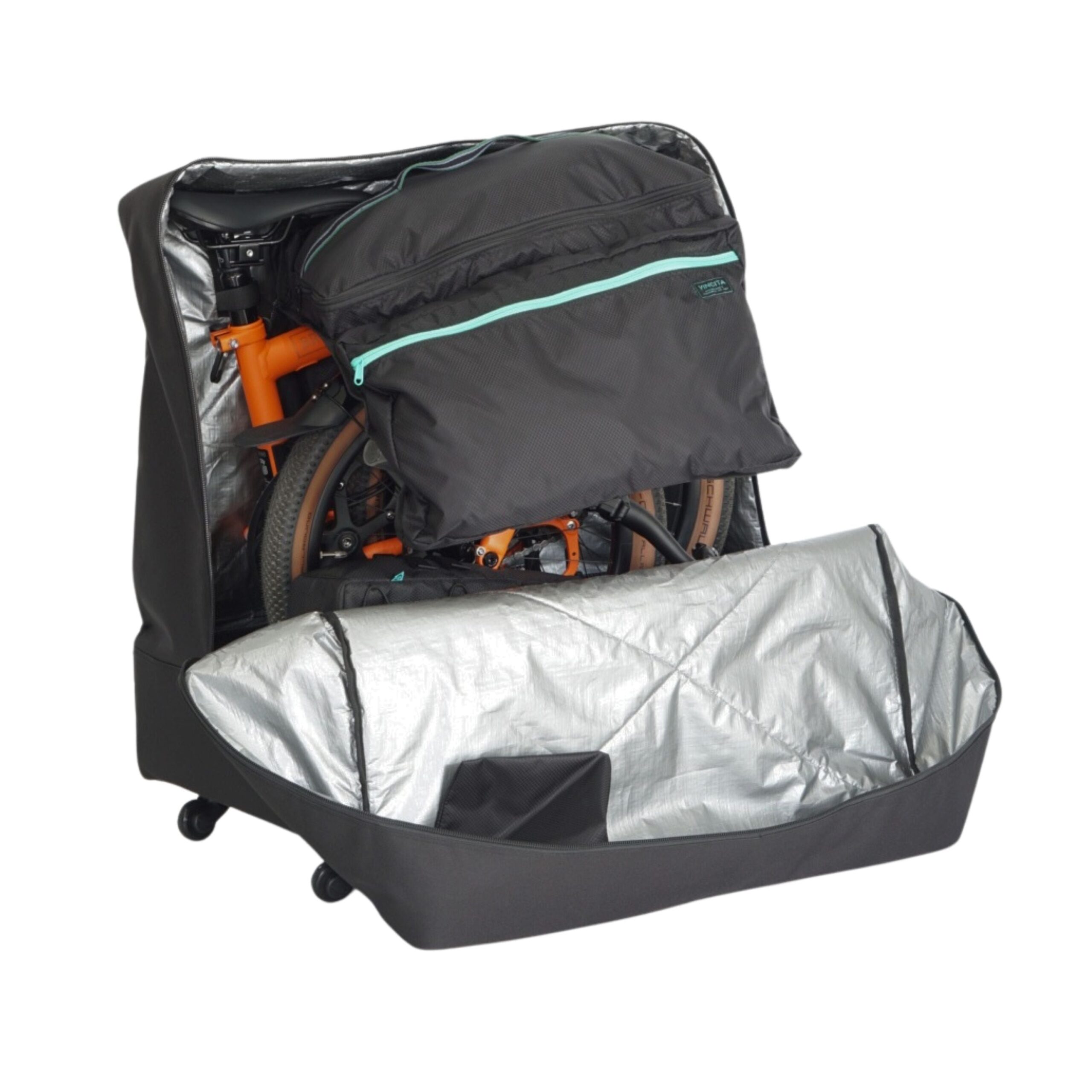 Black garment bag positioned over a folded orange Brompton G Line inside the open Sightseer travel bag.