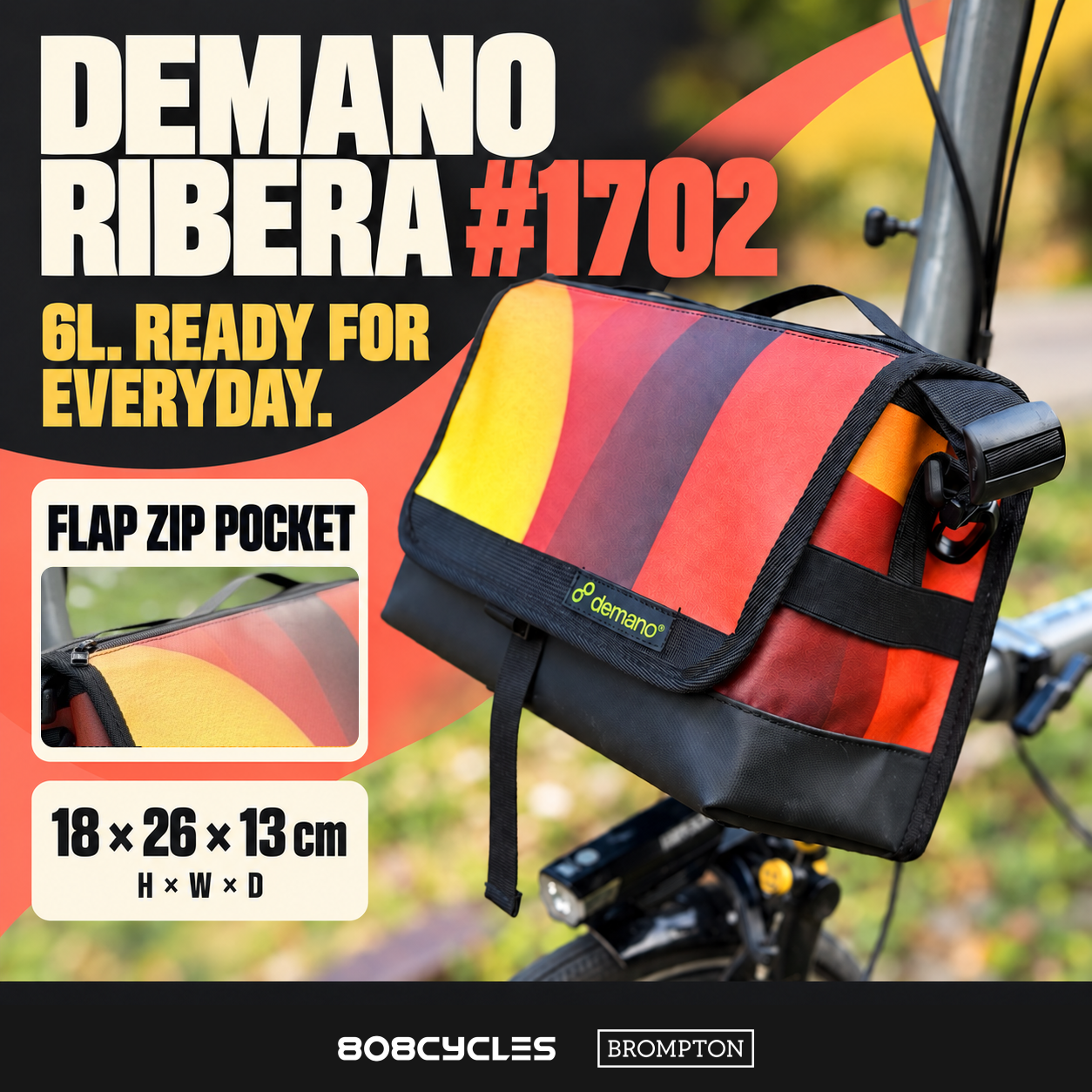 Demano Ribera 1702 feature graphic showing 6L capacity, the flap zip pocket detail and 18 by 26 by 13 cm dimensions