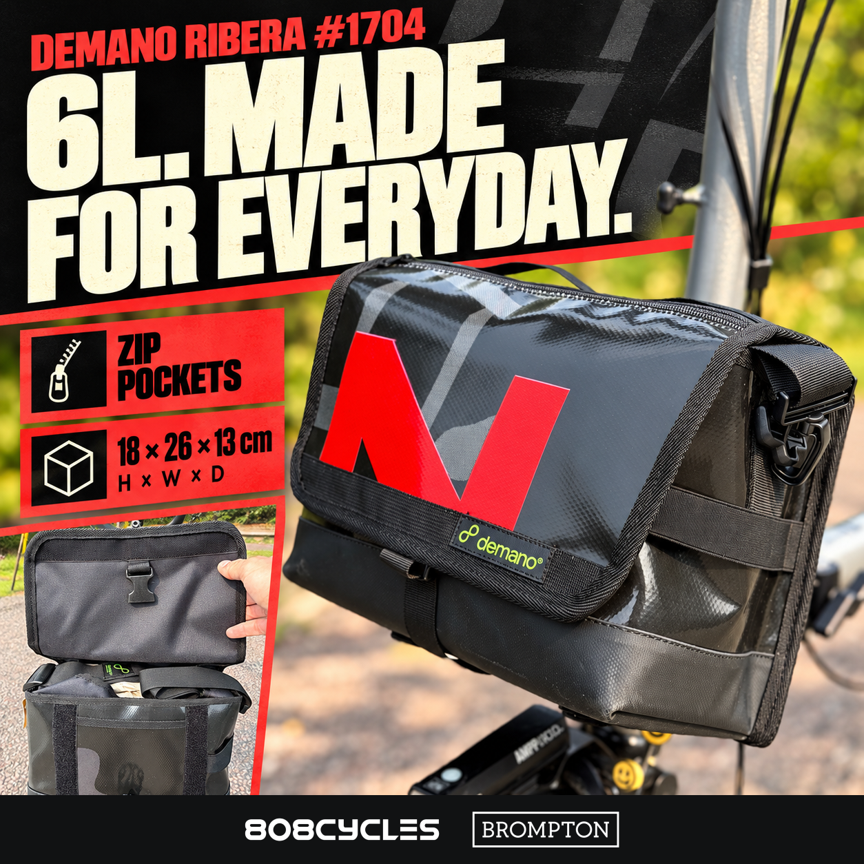 Demano Ribera 1704 feature graphic showing 6L capacity, zip pockets and 18 by 26 by 13 cm dimensions.
