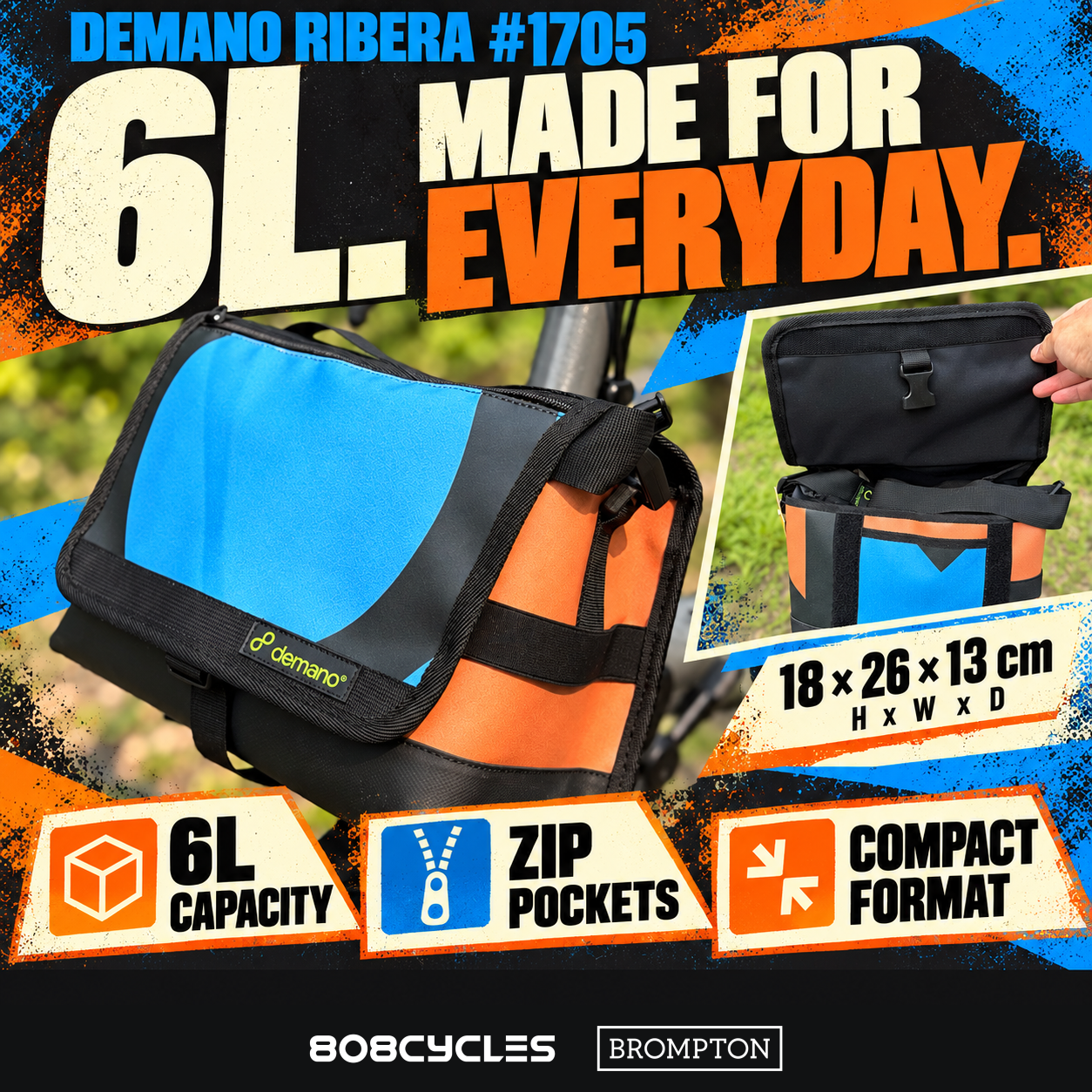 Demano Ribera 1705 feature graphic showing 6L capacity, zip pockets and 18 by 26 by 13 cm dimensions.