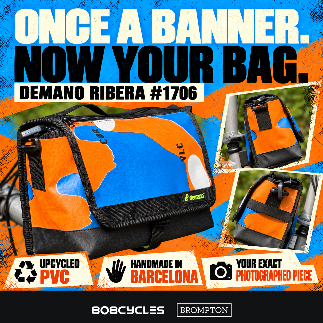 Demano Ribera 1706 banner-story graphic with front and side views, upcycled PVC and handmade-in-Barcelona text.