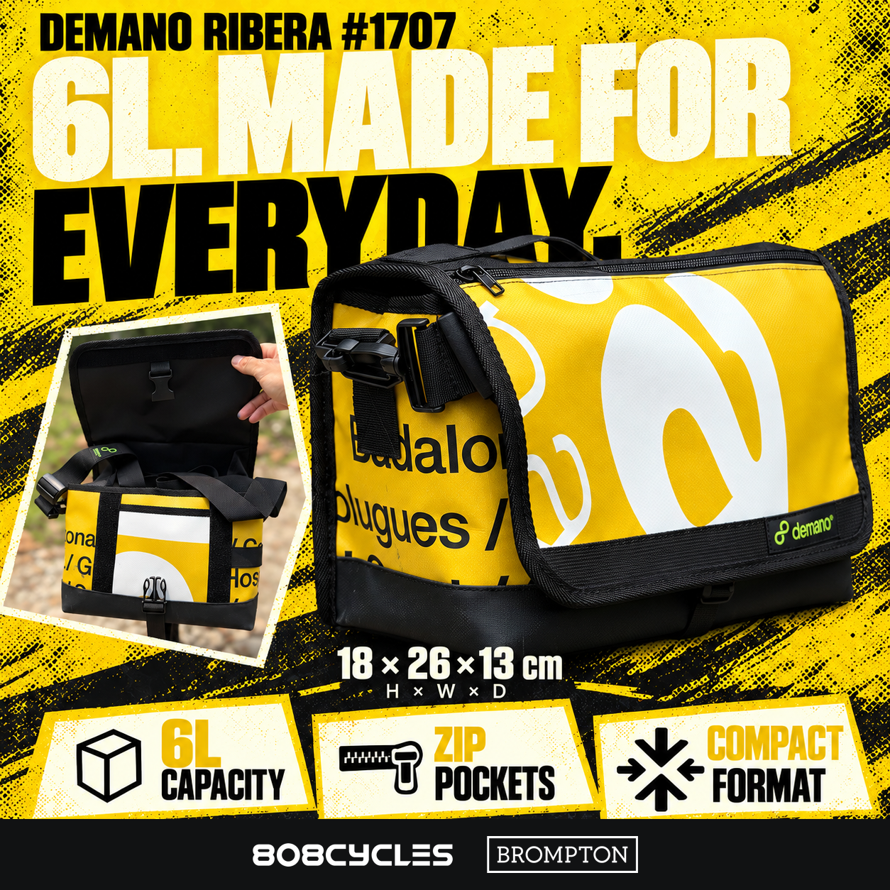 Demano Ribera 1707 feature graphic showing 6L capacity, zip pockets, actual open-flap details and 18 by 26 by 13 cm dimensions.
