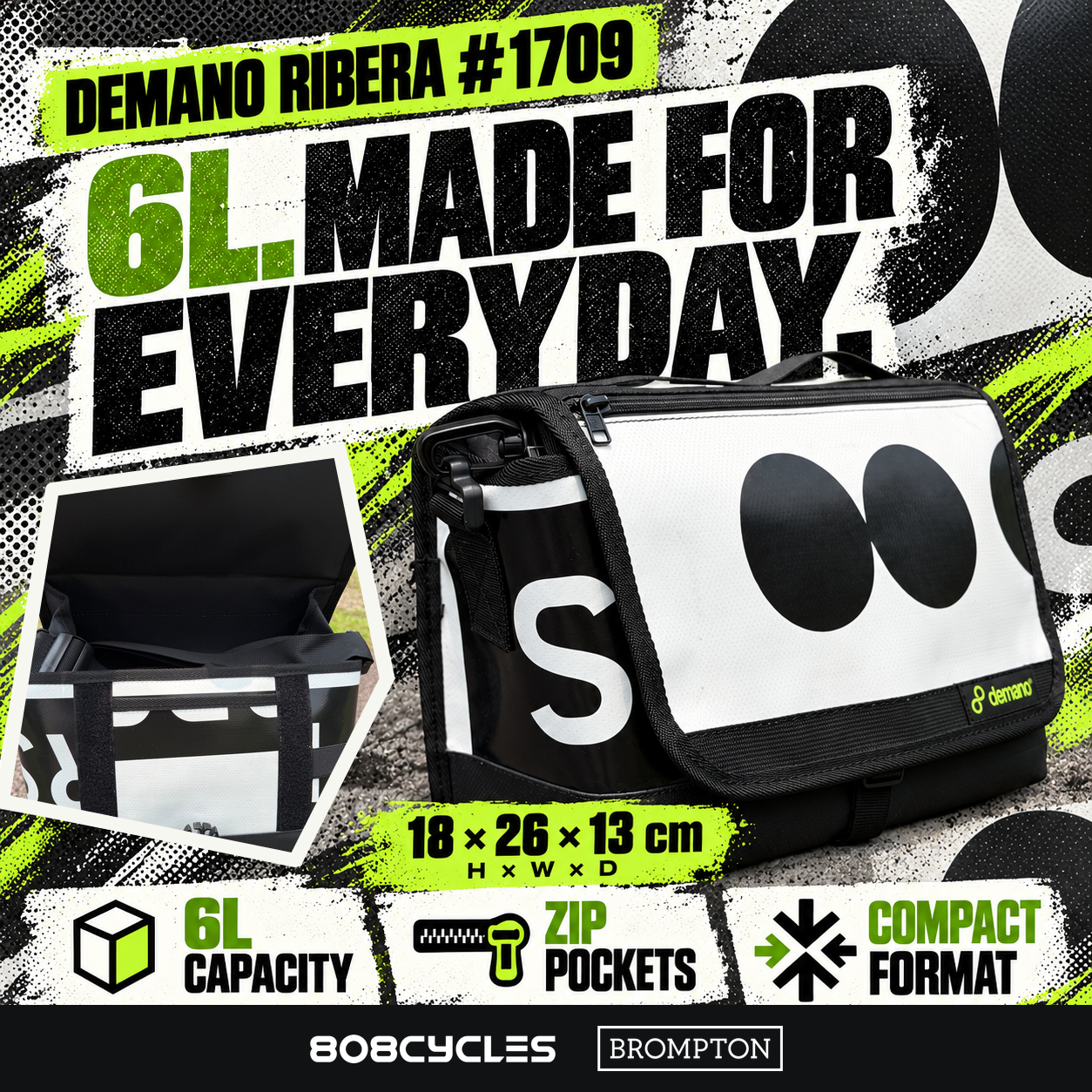 Demano Ribera 1709 feature graphic showing 6L capacity, zip pockets, actual open-flap details and 18 by 26 by 13 cm dimensions.