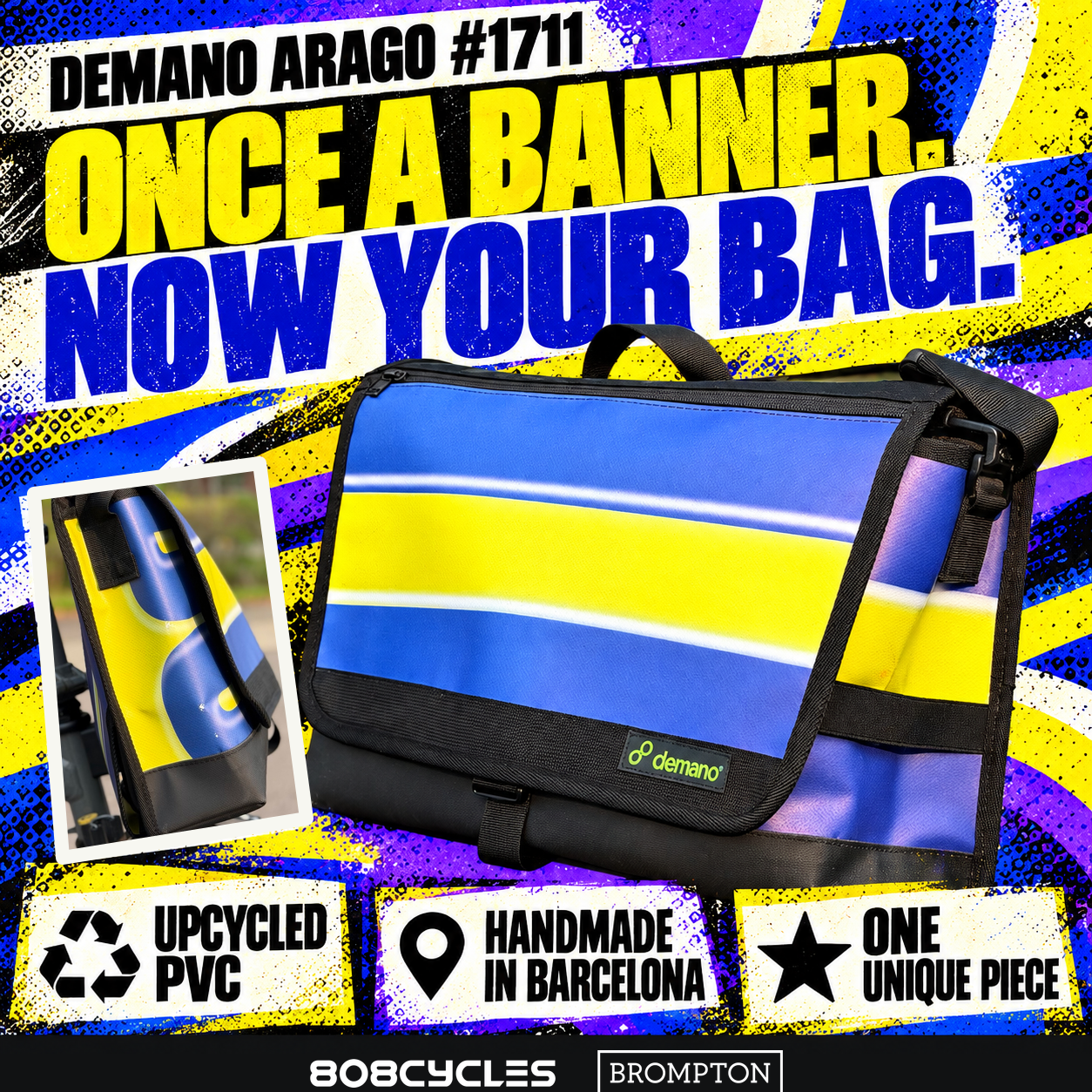 Demano Arago 1711 reclaimed-banner graphic with a yellow stripe across blue-purple panels and upcycled PVC, handmade-in-Barcelona and unique-piece labels.