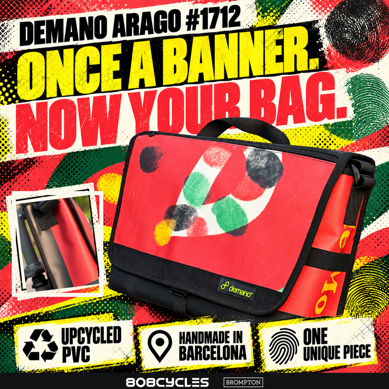 Demano Arago 1712 feature graphic: upcycled PVC, handmade in Barcelona and one unique piece, with an original left-side detail inset.