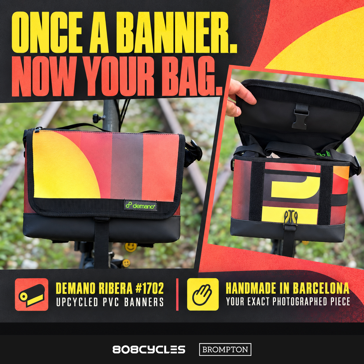 Demano Ribera 1702 closed and open-flap photo views with upcycled banner and handmade in Barcelona messaging