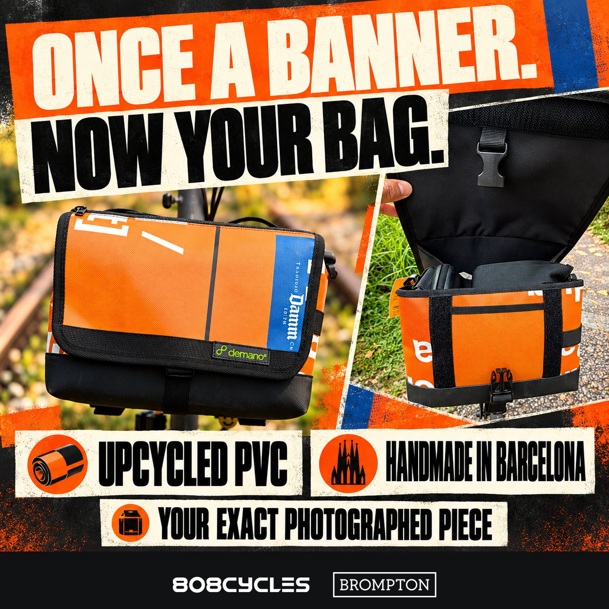 Orange-and-blue Demano Ribera 1703 banner graphic with front and open-flap views, upcycled PVC and handmade-in-Barcelona text.