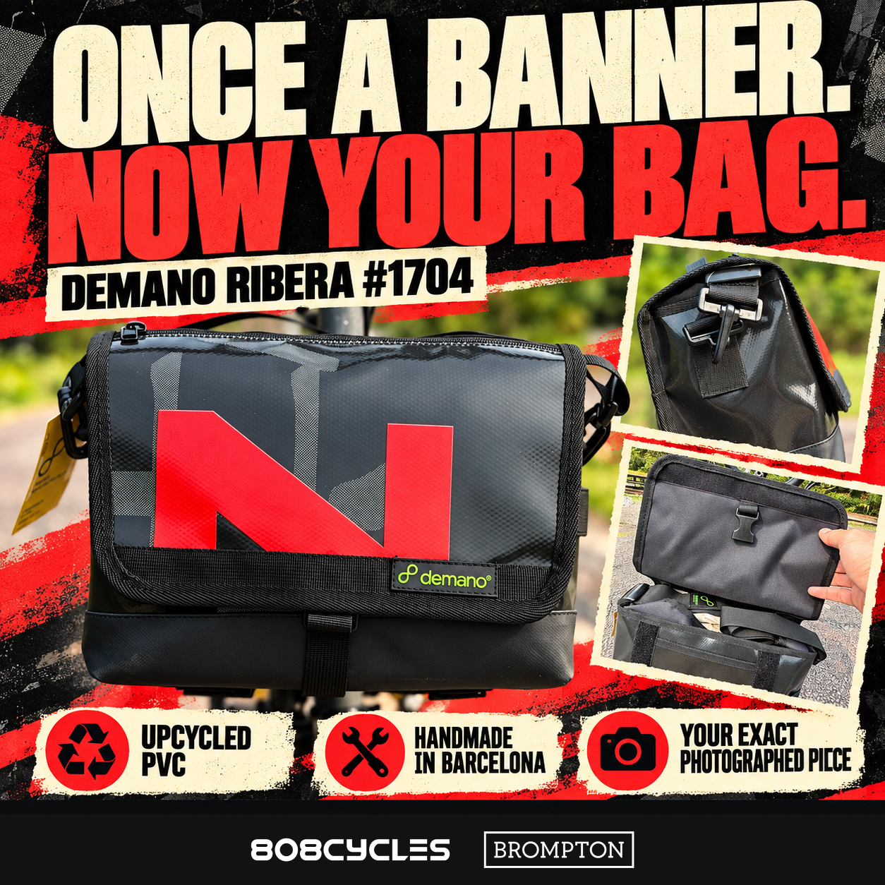 Black-and-red Demano Ribera 1704 banner graphic with front, side and open-flap views, upcycled PVC and handmade-in-Barcelona text.