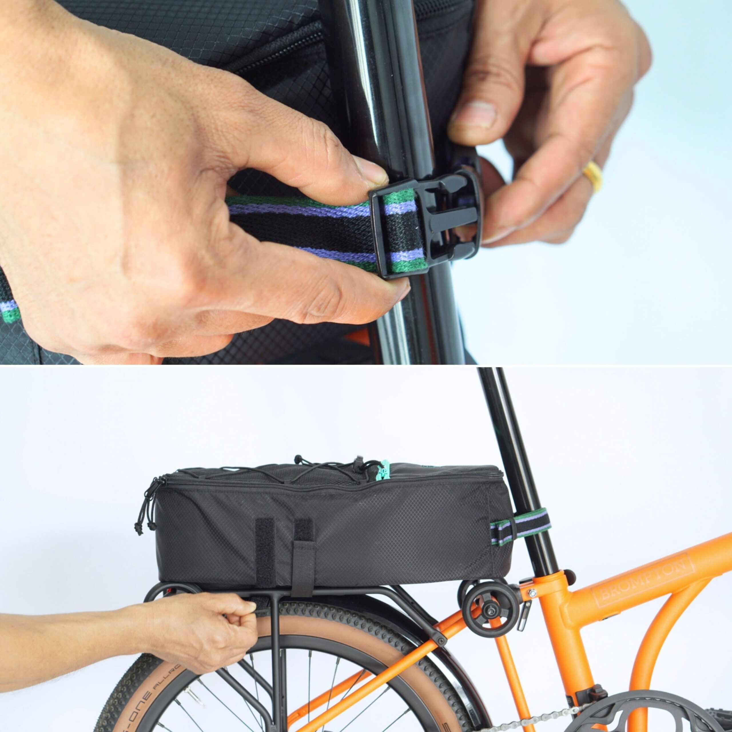 Close-up of a utility pouch strap being fastened around a Brompton seatpost, with a second view of the rear-rack straps.