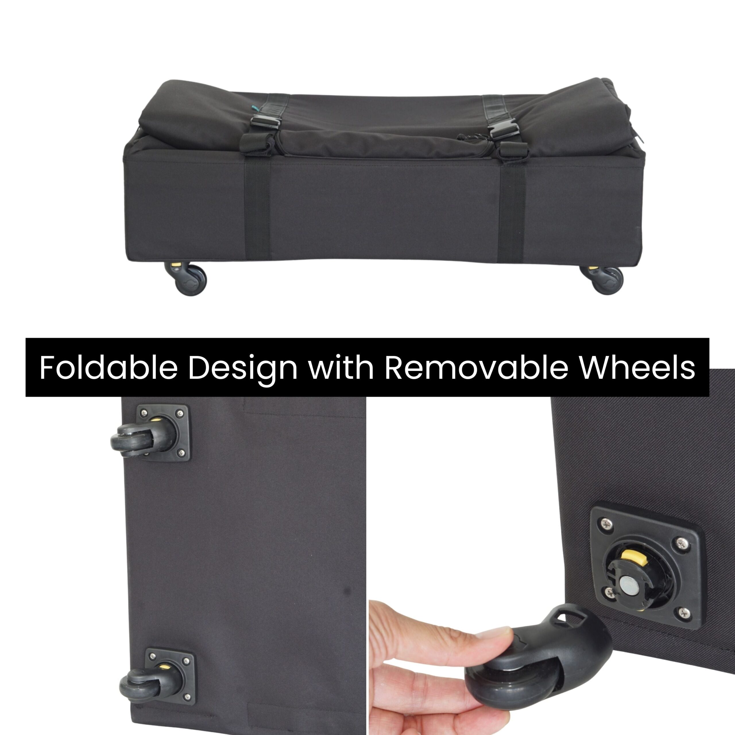 Manufacturer collage showing the Sightseer G Line bag folded smaller and a wheel detached from its mounting plate.