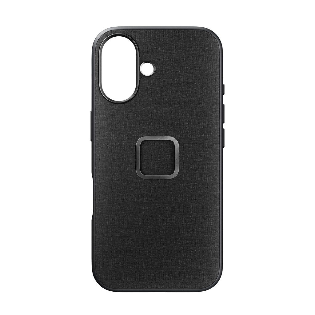 Peak Design iPhone 16 fabric case in Charcoal, rear view on white background