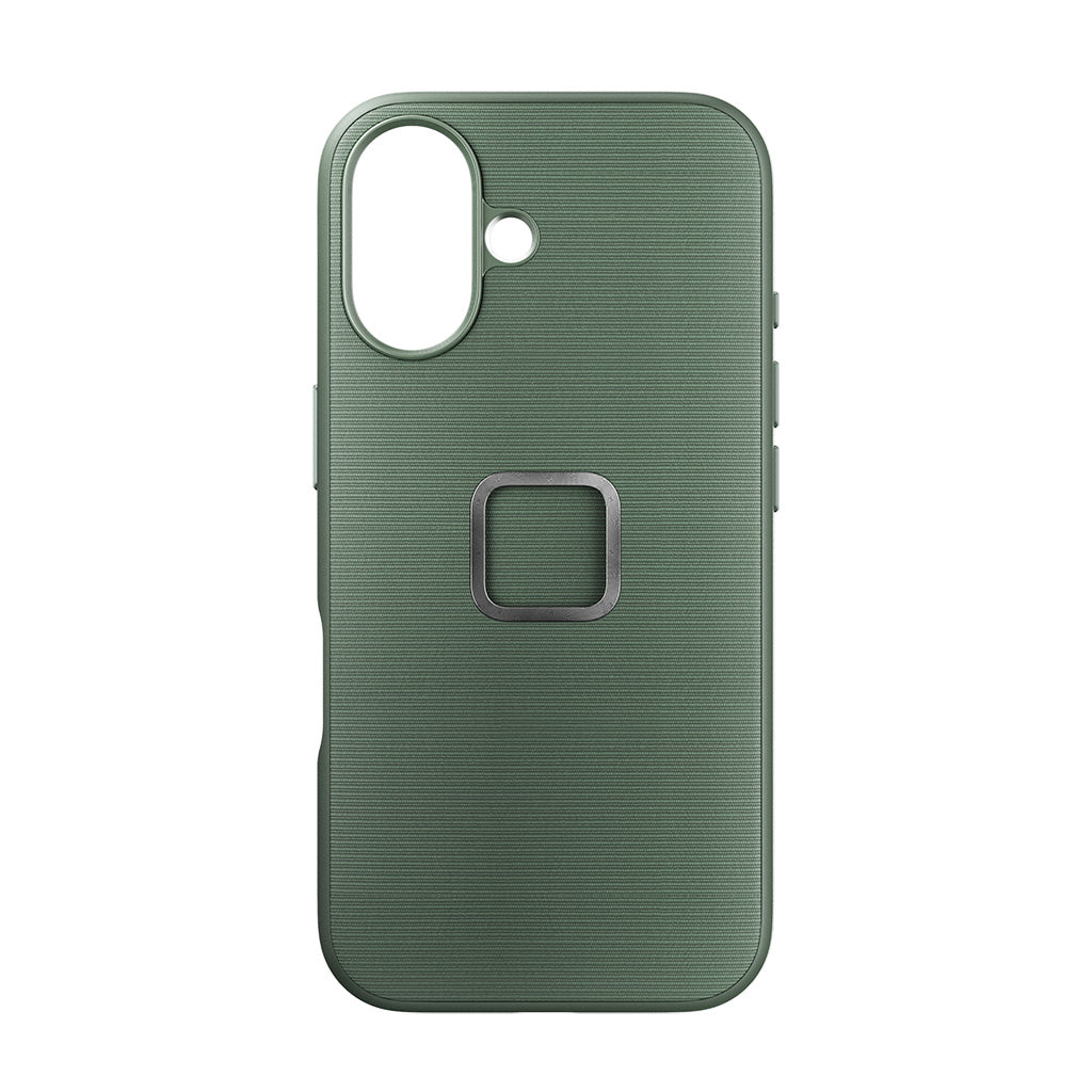 Peak Design iPhone 16 fabric case in Sage, rear view on white background