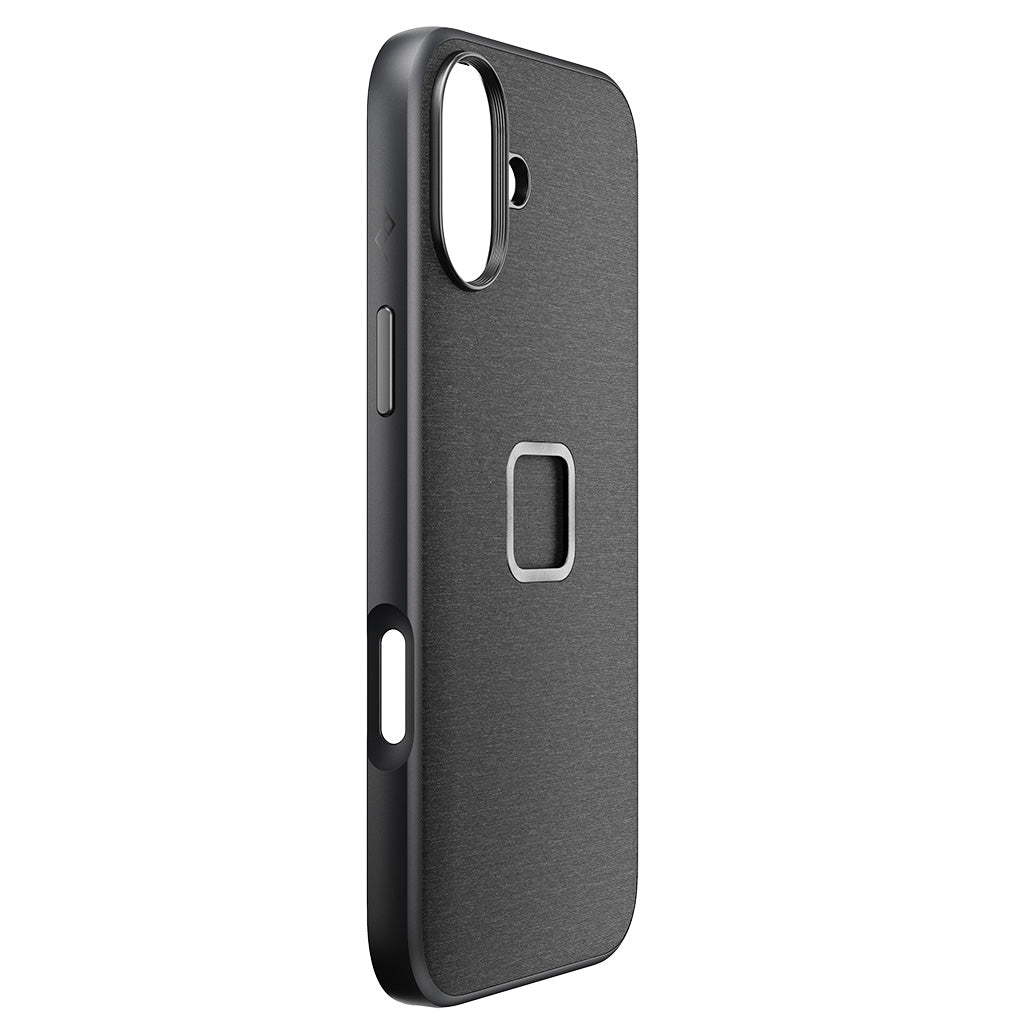 Peak Design fabric case for iPhone 16 Plus in Charcoal, angled view 1