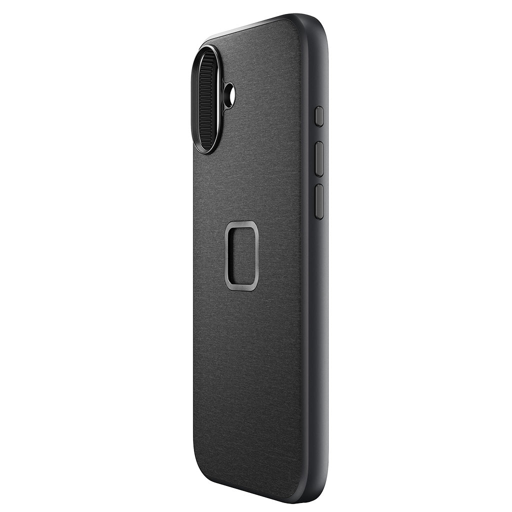 Peak Design fabric case for iPhone 16 Plus in Charcoal, angled view 2