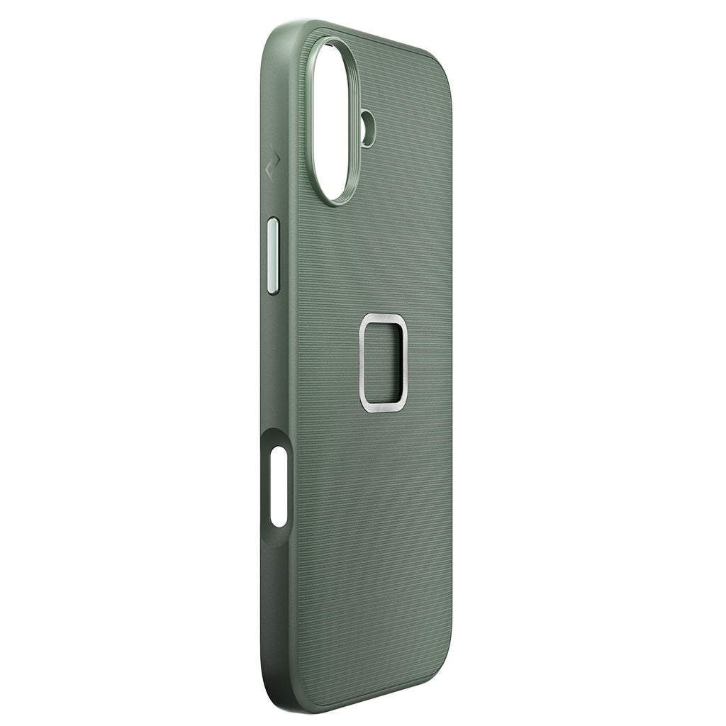 Peak Design fabric case for iPhone 16 Plus in Sage, angled view 1