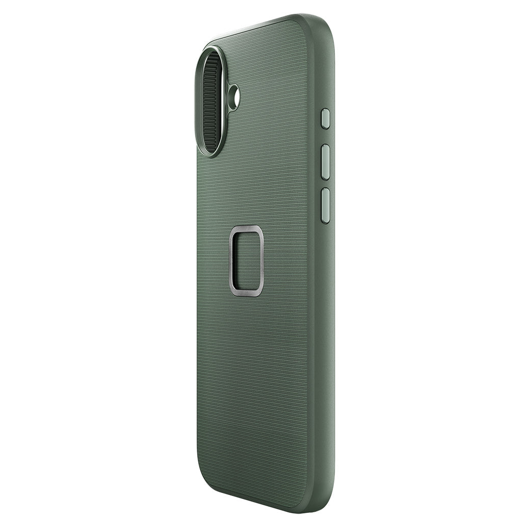Peak Design fabric case for iPhone 16 Plus in Sage, angled view 2