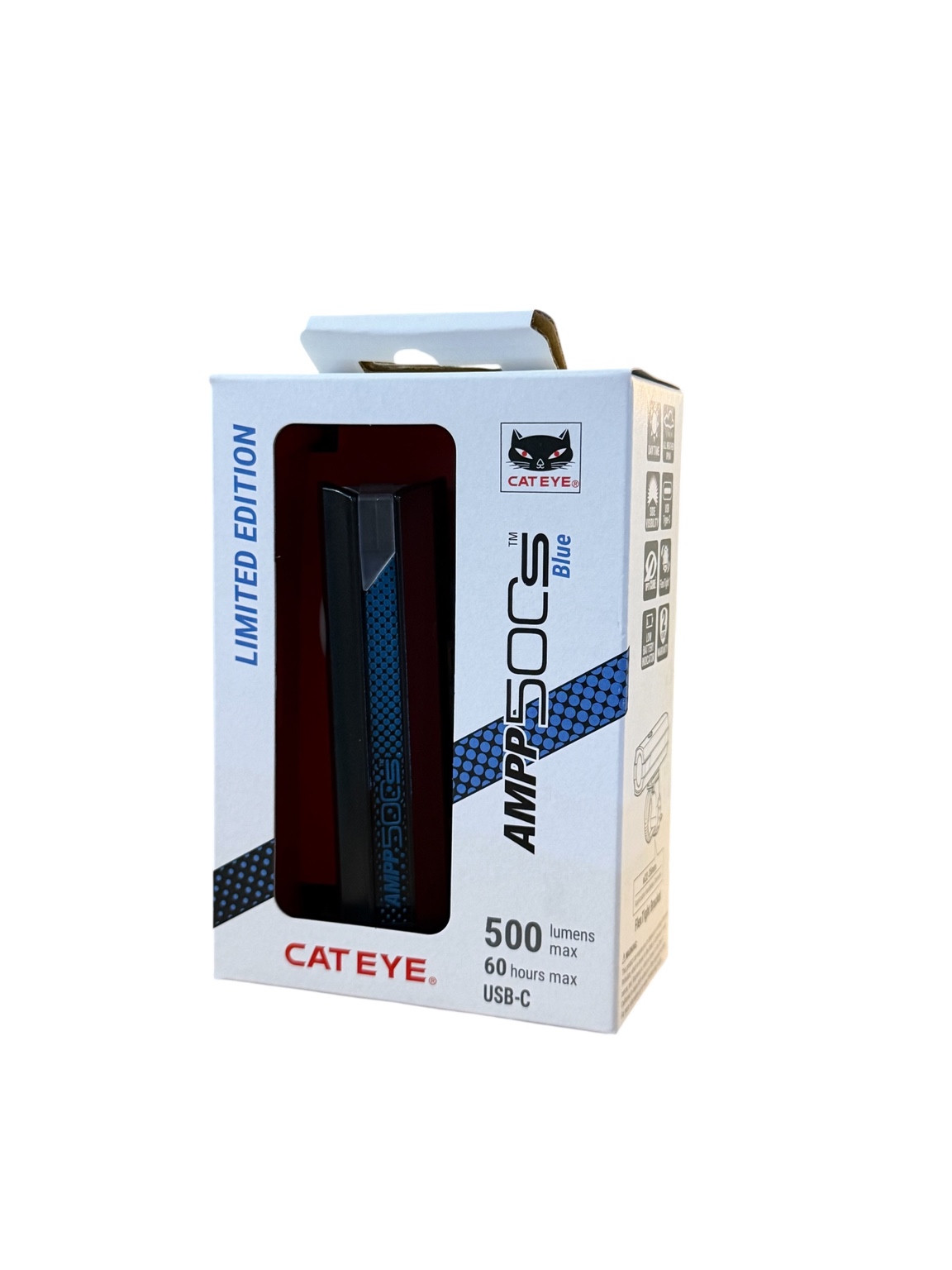 CatEye AMPP500S Blue Limited Edition headlight in its retail packaging on a white background