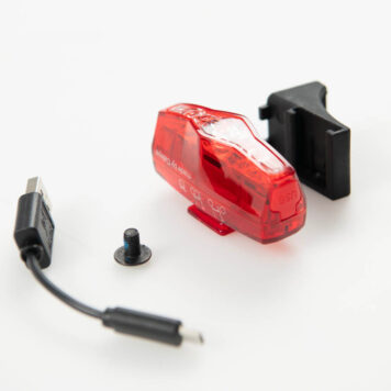 Brompton Cateye VIZ150 Q103799 rear light with black saddle bracket, mounting screw and Micro-USB charging cable on white background