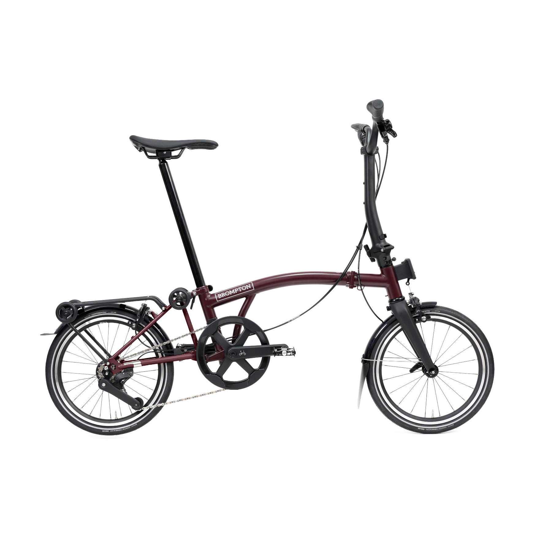 Brompton P Line Mk2 M4R Red Plum, full bicycle side view with rear roller rack on a white square background