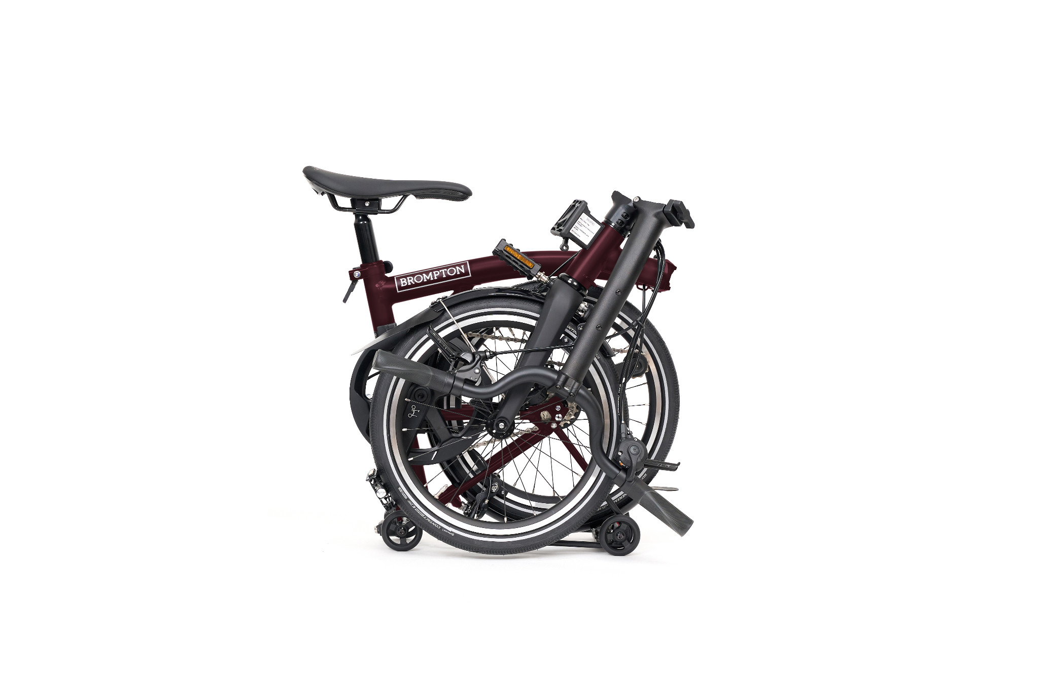 Brompton P Line Mk2 M4R Red Plum folded with rear roller rack