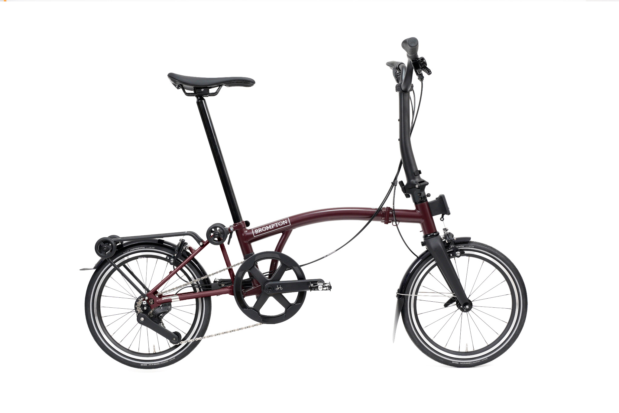 Brompton P Line Mk2 M4R Red Plum side view with four-speed derailleur and rear roller rack